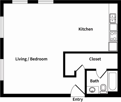 Floor plan for studio, 1 bath, 500 sqft