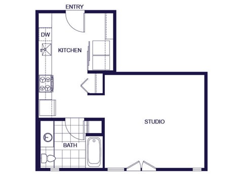 Floor plan for studio, 1 bath, 486 sqft