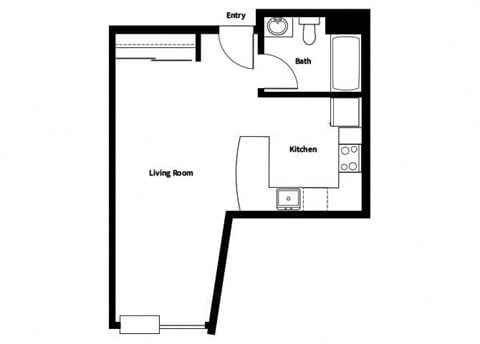 Floor plan for studio, 1 bath, 496 sqft