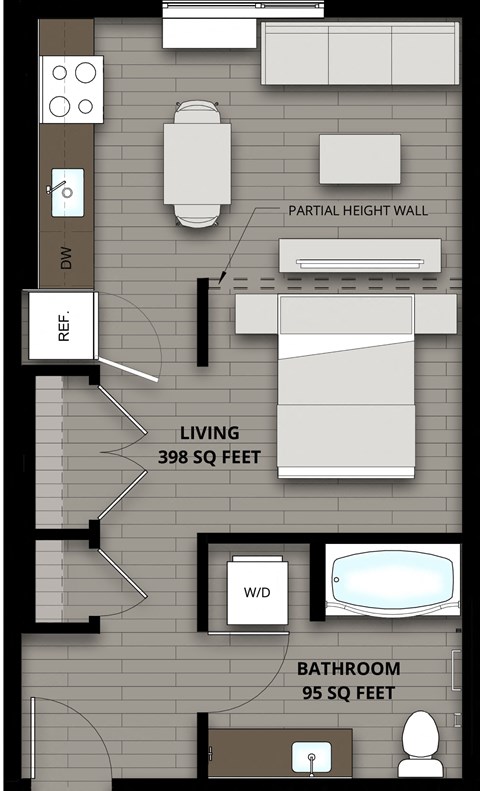 Floor plan for studio, 1 bath, 493 sqft