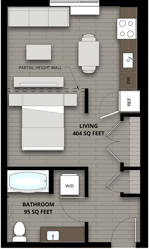 Floor plan for studio, 1 bath, 499 sqft