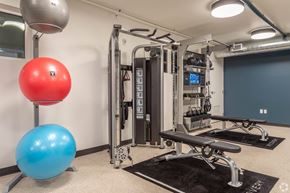 Seattle apartment for rent - A gym with a red and blue exercise ball, a weight machine, and a bench.