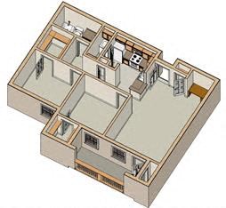 Floor plan for 2 beds, 1 bath, 950 sqft