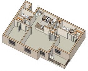 Floor plan for 2 beds, 2 baths, 975 sqft
