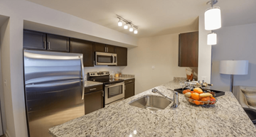 Baltimore apartment for rent - A kitchen with granite countertops and stainless steel appliances.