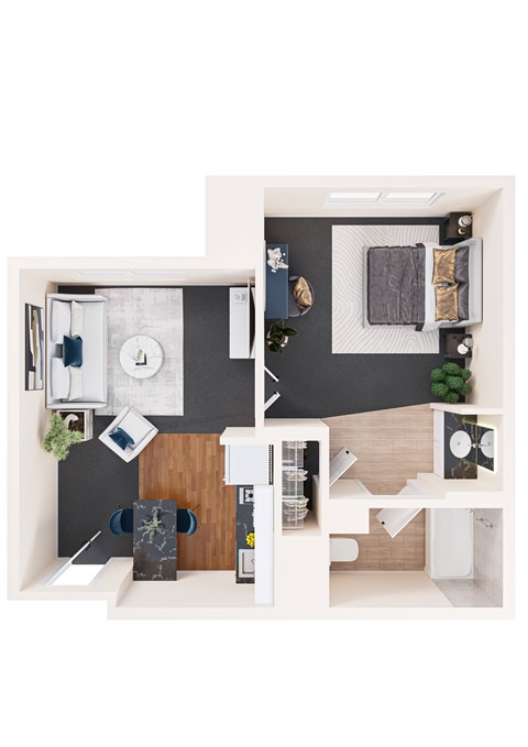 Floor plan for 1 bed, 1 bath, 590 sqft