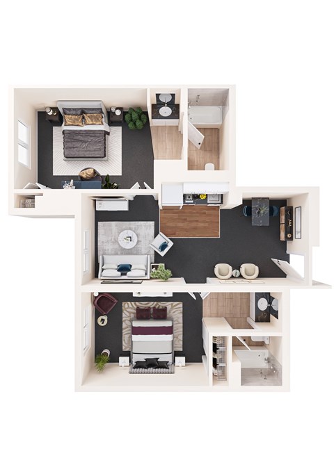 Floor plan for 2 beds, 2 baths, 670 sqft