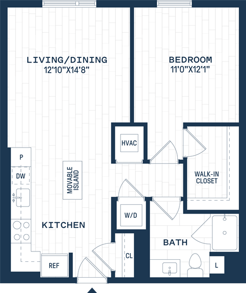 Floor plan for 1 bed, 1 bath, 750 sqft