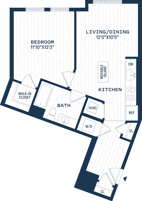 Floor plan for 1 bed, 1 bath, 679 sqft