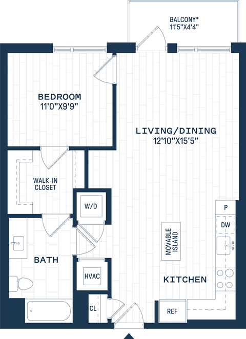 Floor plan for 1 bed, 1 bath, 750 sqft