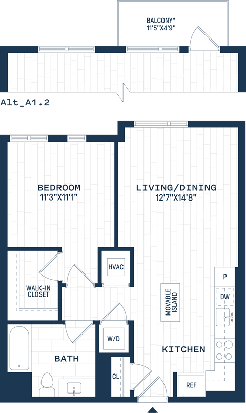 Floor plan for 1 bed, 1 bath, 738 sqft