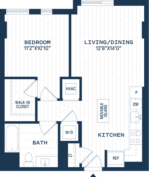 Floor plan for 1 bed, 1 bath, 719 sqft
