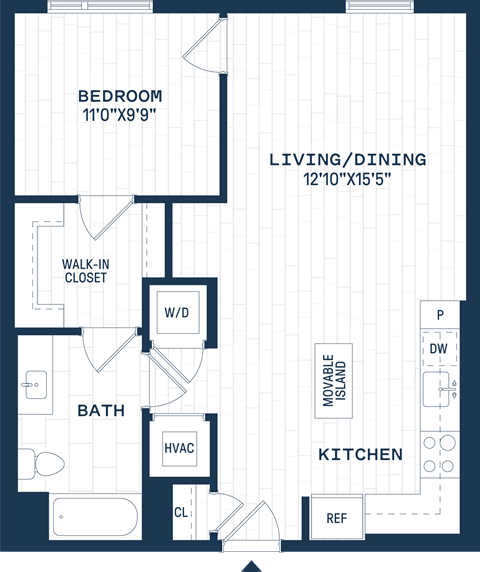 Floor plan for 1 bed, 1 bath, 750 sqft
