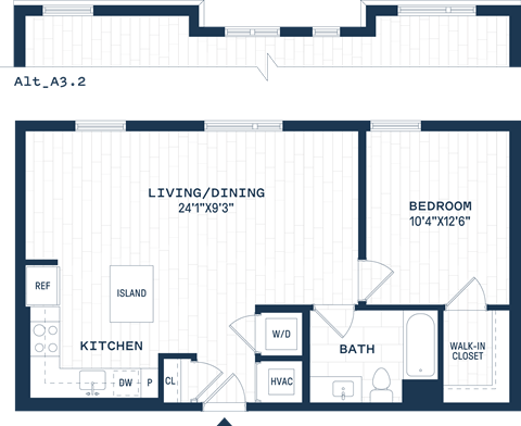 Floor plan for 1 bed, 1 bath, 732 sqft