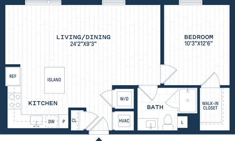 Floor plan for 1 bed, 1 bath, 752 sqft