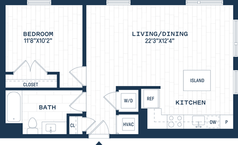Floor plan for 1 bed, 1 bath, 744 sqft