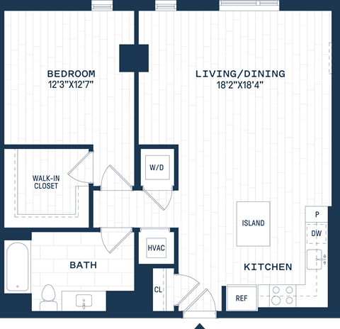 Floor plan for 1 bed, 1 bath, 962 sqft