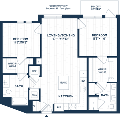 Floor plan for 2 beds, 2 baths, 1034 sqft