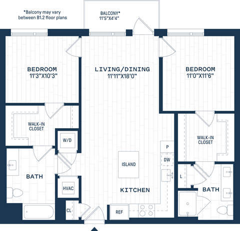 Floor plan for 2 beds, 2 baths, 1059 sqft