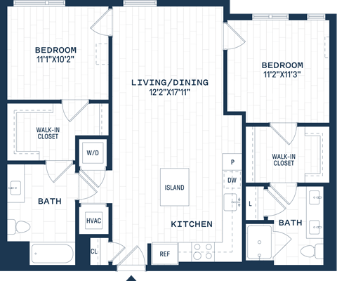 Floor plan for 2 beds, 2 baths, 1067 sqft