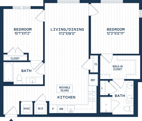Floor plan for 2 beds, 2 baths, 1054 sqft