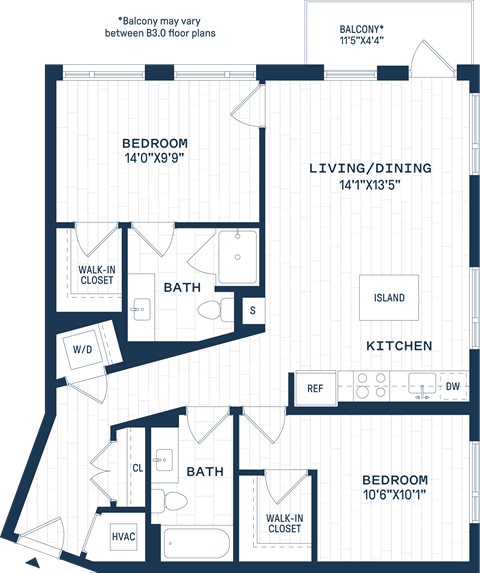 Floor plan for 2 beds, 2 baths, 1055 sqft