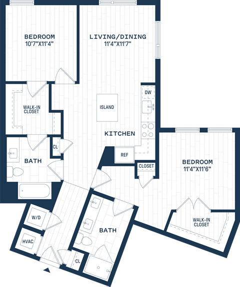 Floor plan for 2 beds, 2 baths, 1086 sqft