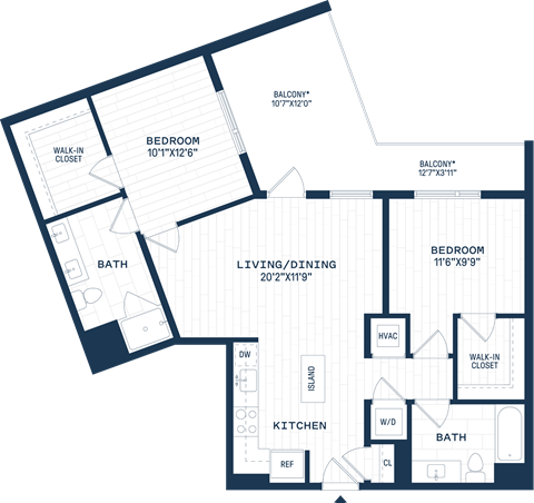 Floor plan for 2 beds, 2 baths, 1029 sqft