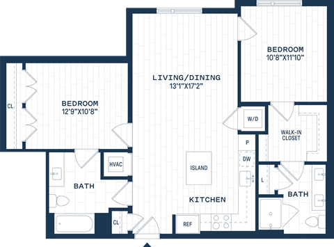 Floor plan for 2 beds, 2 baths, 1000 sqft