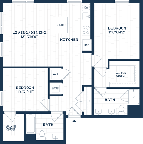 Floor plan for 2 beds, 2 baths, 1160 sqft