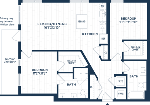Floor plan for 2 beds, 2 baths, 1106 sqft