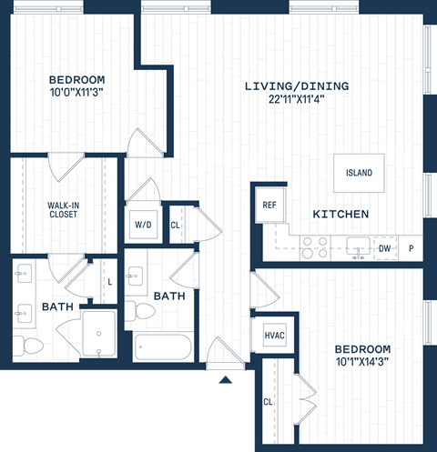 Floor plan for 2 beds, 2 baths, 1129 sqft
