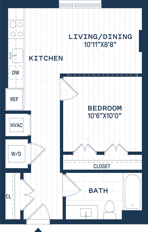 Floor plan for 1 bed, 1 bath, 557 sqft