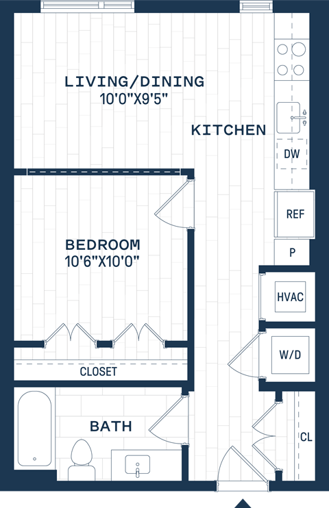 Floor plan for 1 bed, 1 bath, 570 sqft