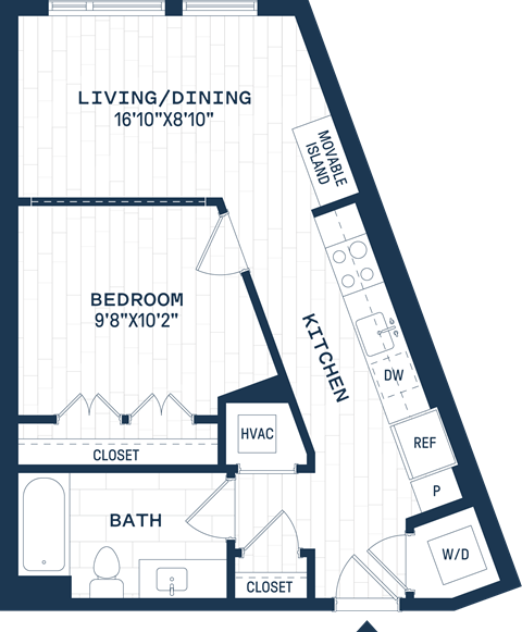 Floor plan for 1 bed, 1 bath, 575 sqft