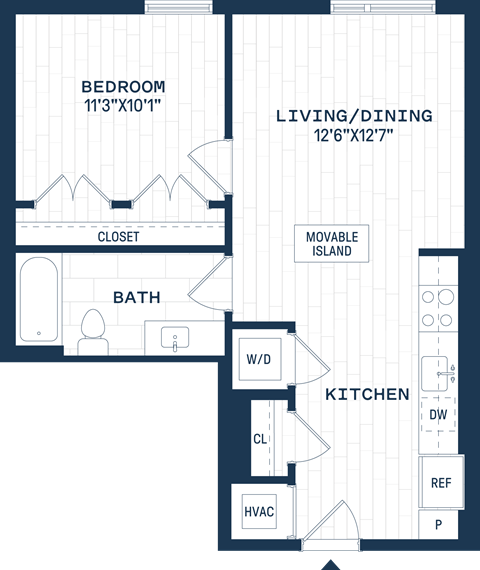 Floor plan for 1 bed, 1 bath, 635 sqft