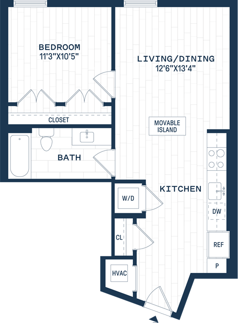 Floor plan for 1 bed, 1 bath, 676 sqft