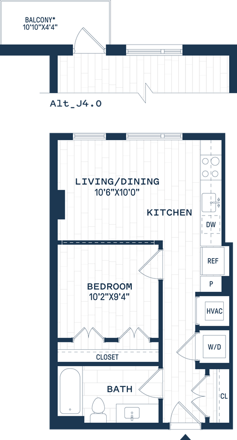 Floor plan for 1 bed, 1 bath, 554 sqft
