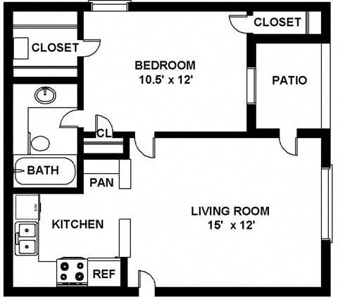 Floor plan for 1 bed, 1 bath, 550 sqft