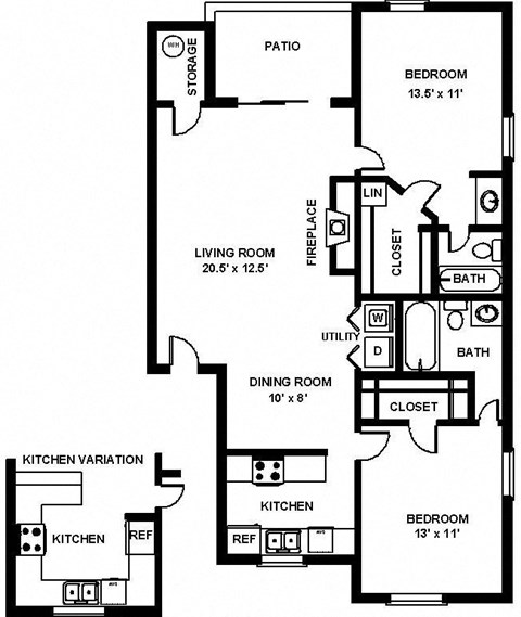 Floor plan for 2 beds, 2 baths, 1077 sqft