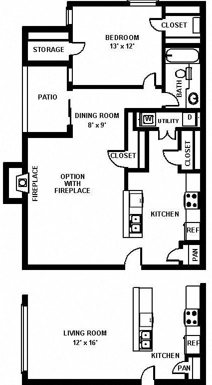 Floor plan for 1 bed, 1 bath, 770 sqft