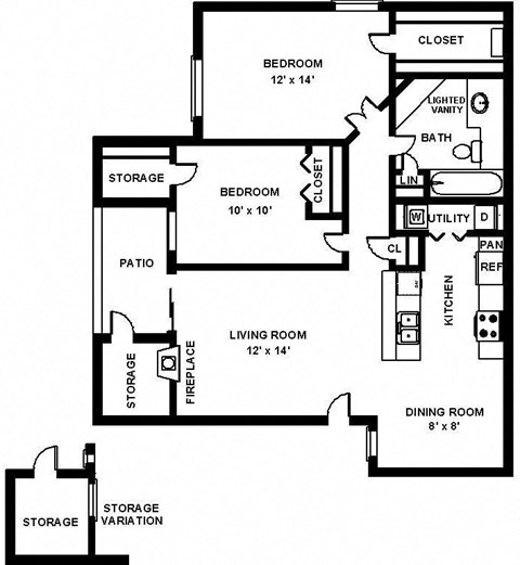 Floor plan for 2 beds, 1 bath, 920 sqft