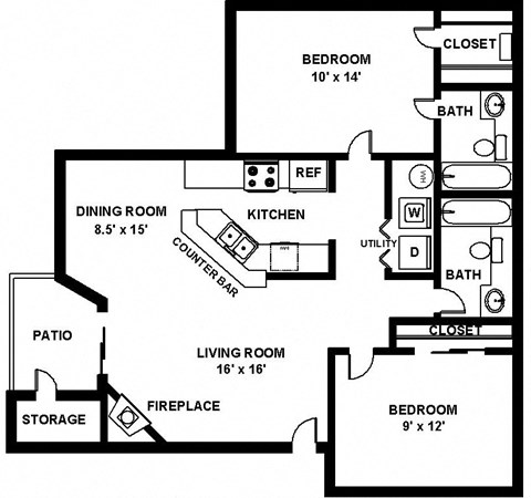Floor plan for 2 beds, 2 baths, 950 sqft