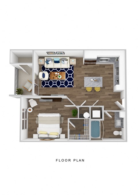 Floor plan for 1 bed, 1 bath, 654 sqft