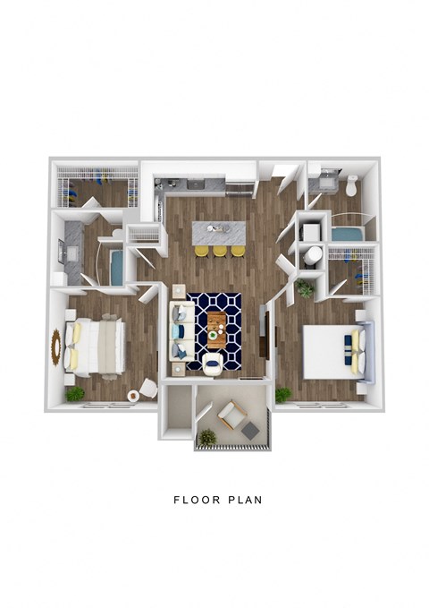 Floor plan for 2 beds, 2 baths, 1001 sqft