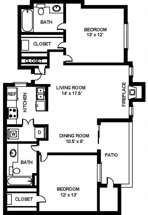 Floor plan for 2 beds, 2 baths, 1069 sqft