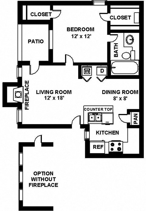 Floor plan for 1 bed, 1 bath, 660 sqft