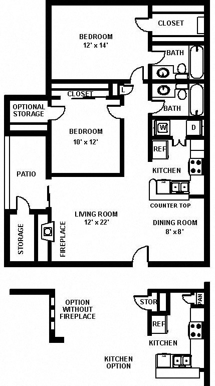 Floor plan for 2 beds, 2 baths, 970 sqft