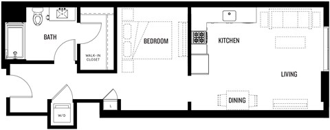 Floor plan for 1 bed, 1 bath, 633 sqft