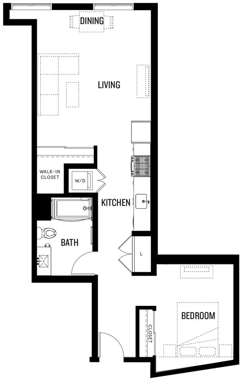 Floor plan for 1 bed, 1 bath, 728 sqft